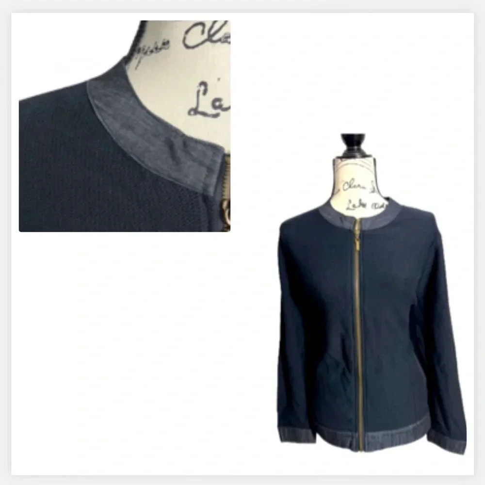 ALLISON DALEY JACKET BLACK  KNIT‎ DENIM TRIM GOLD  ZIPPER FRONT SIZE LARGE